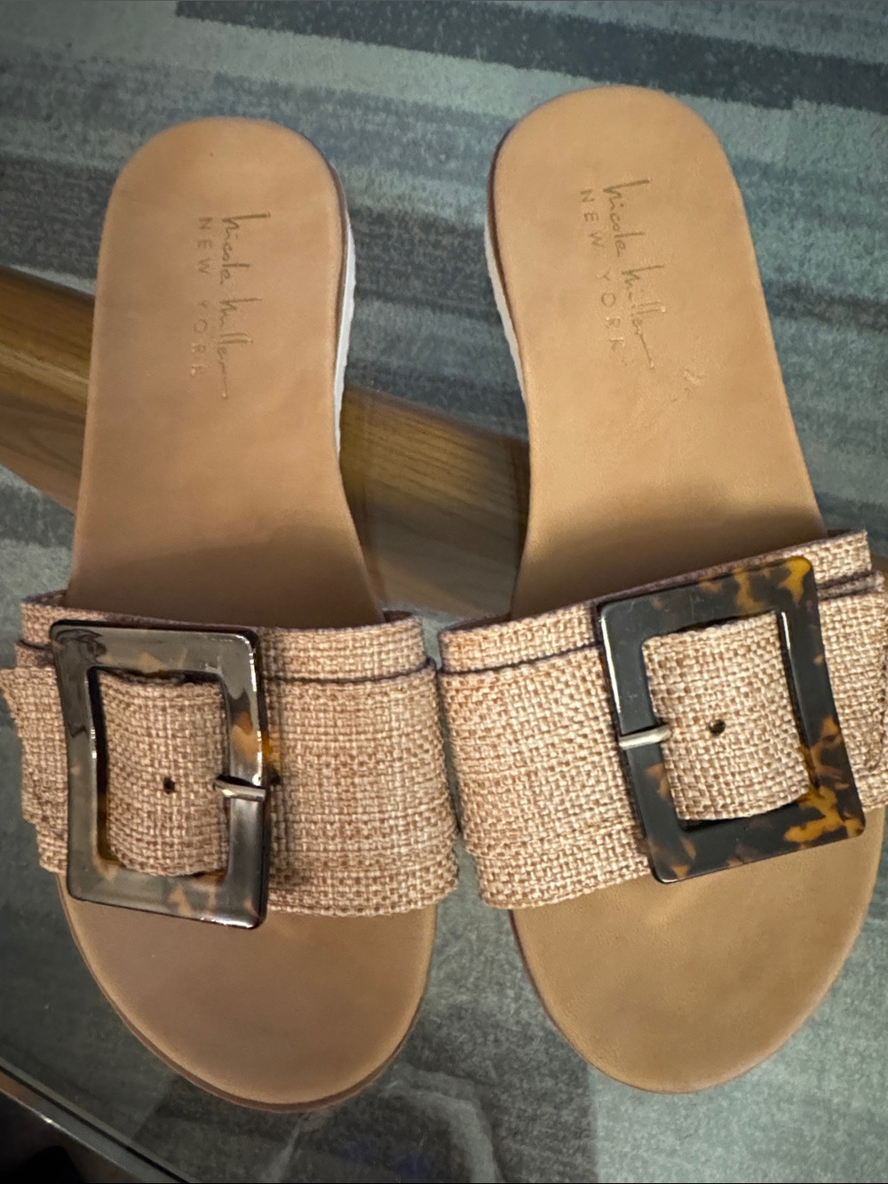 Woven Beige Slide Sandals with Tortoiseshell Buckle - kendall + kylie